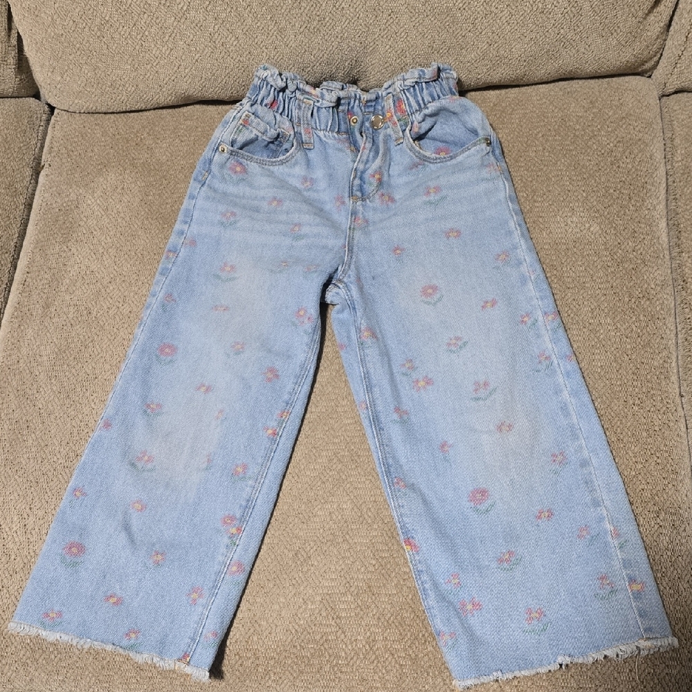 Zara Kids Light Blue Jeans with Pink Floral Pattern